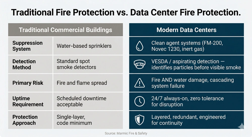 Traditional Fire Protection vs. Data Center Fire Protection — Marmic Fire & Safety Comparison table showing Traditional Commercial Buildings versus Modern Data Centers across five fire protection categories: suppression system (water sprinklers vs. clean agent), detection method (standard smoke vs. VESDA aspirating), primary risk (fire spread vs. fire and water damage), uptime requirement (scheduled downtime vs. 24/7 zero tolerance), and protection approach (single-layer vs. layered redundant systems)